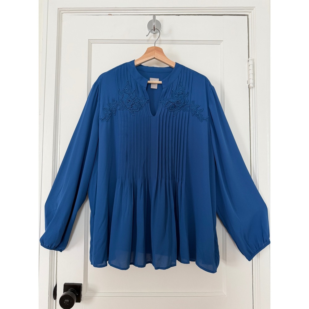Chico's Royal Blue Longsleeve Blouse Top with Pintuck and Floral Details Size 4